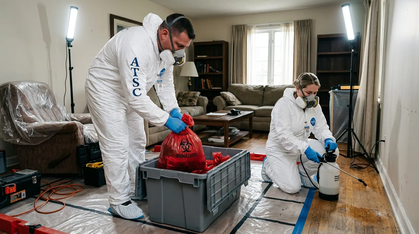 Professional Hazmat Cleanup technician in full PPE working in Kirkwood